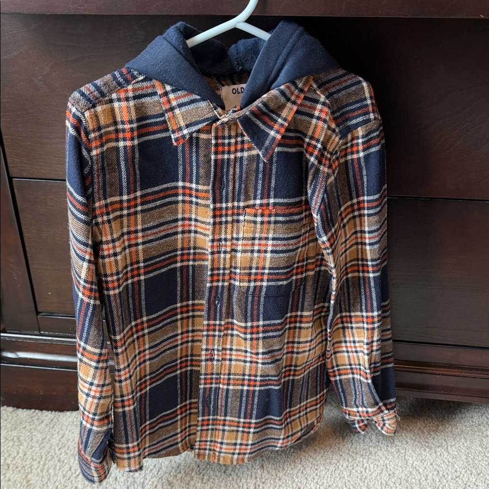 Old Navy Navy, Tan, Cream & Orange Plaid Hooded Flannel Shirt